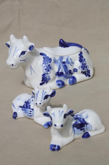 photo of Delft blue & white china cows table set, cow jam pot, salt and pepper shakers #1