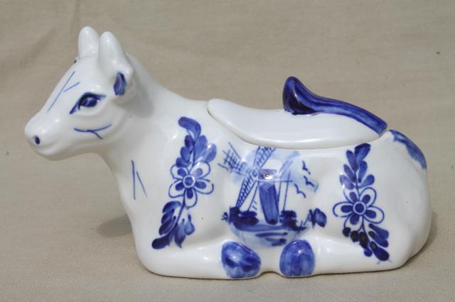 photo of Delft blue & white china cows table set, cow jam pot, salt and pepper shakers #2