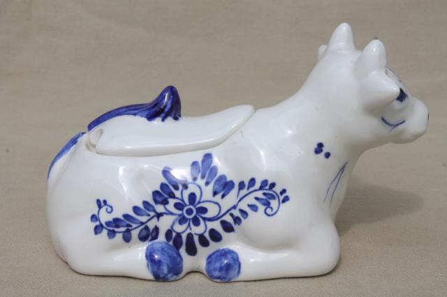 photo of Delft blue & white china cows table set, cow jam pot, salt and pepper shakers #3