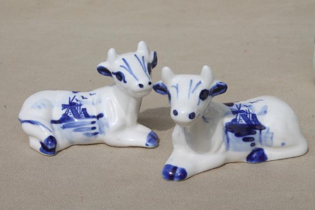 photo of Delft blue & white china cows table set, cow jam pot, salt and pepper shakers #4