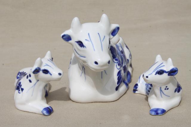 photo of Delft blue & white china cows table set, cow jam pot, salt and pepper shakers #6