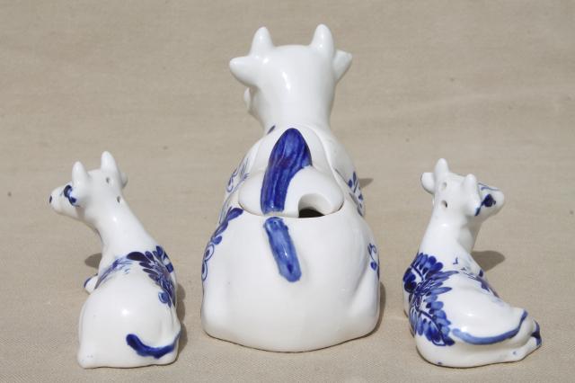 photo of Delft blue & white china cows table set, cow jam pot, salt and pepper shakers #7