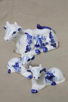 catalog photo of Delft blue & white china cows table set, cow jam pot, salt and pepper shakers