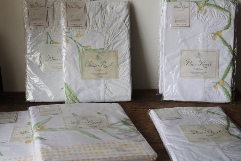 photo of Delorme France luxury cotton bedding, mint in package twin sheets sets w/ pillow shams, mimosa yellow floral  #1