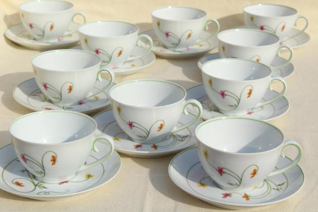 photo of Denby Duchess china tea cups & saucers set for 10, 70s vintage Portugal pottery #1