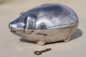 catalog photo of Denmark silver piggy bank, shabby vintage silver plated coin bank pig