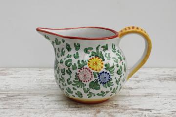 catalog photo of Deruta Italy vintage hand painted ceramic pitcher, Italian pottery jug w/ flowers 