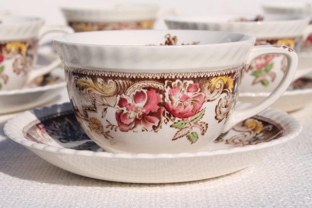 photo of Devonshire Johnson Brothers china, vintage transferware cups & saucer set for 8 #3