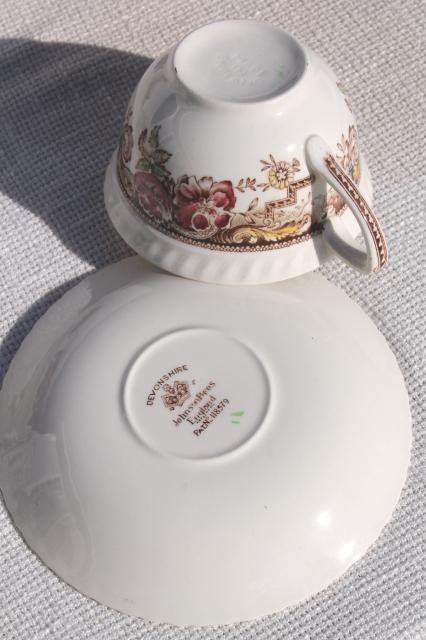 photo of Devonshire Johnson Brothers china, vintage transferware cups & saucer set for 8 #5