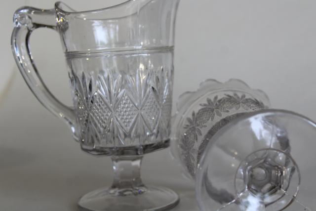 photo of Diamond & Sunburst pattern EAPG cream pitcher & sugar, 1880s vintage Westmoreland glass #2