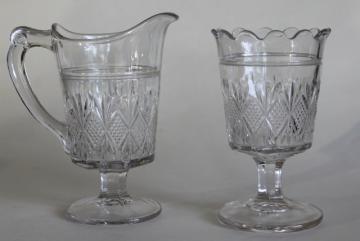 catalog photo of Diamond & Sunburst pattern EAPG cream pitcher & sugar, 1880s vintage Westmoreland glass