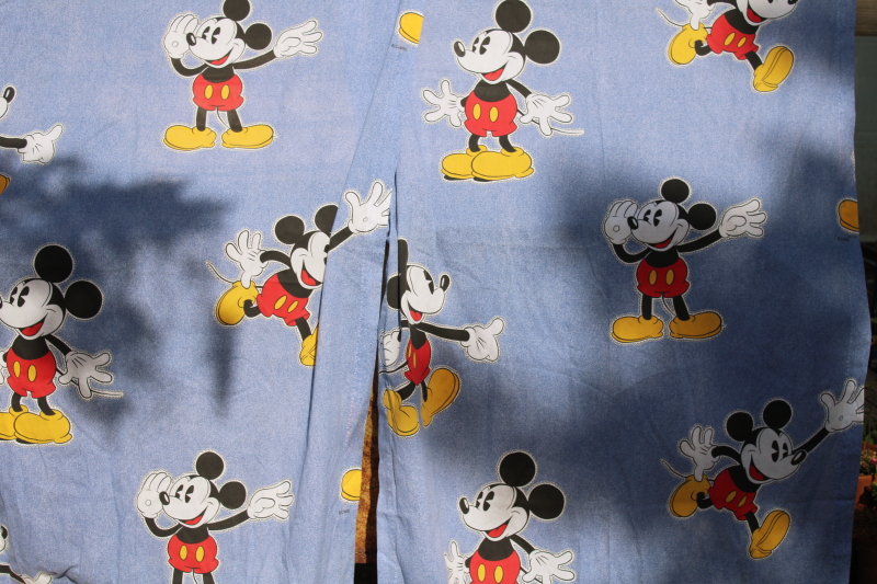 photo of Disney Character Mickey Mouse print curtains, denim look blue poly cotton curtain panels, 90s vintage? #1