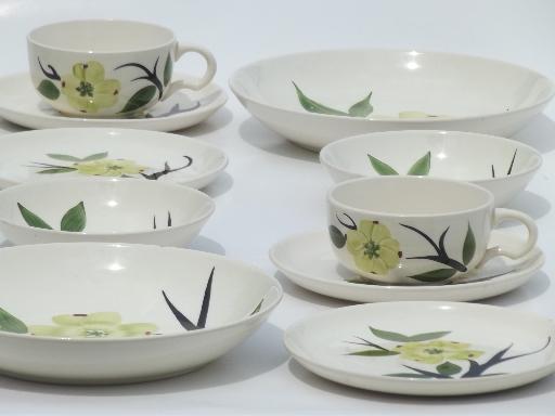 photo of Dixie Dogwood vintage hand-painted pottery dinnerware, dishes for 2  #1