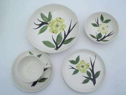 photo of Dixie Dogwood vintage hand-painted pottery dinnerware, dishes for 2  #3