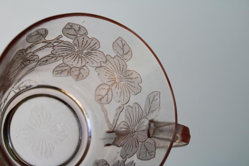 photo of Dogwood pattern pink depression glass cream pitcher & sugar bowl vintage Macbeth Evans #2