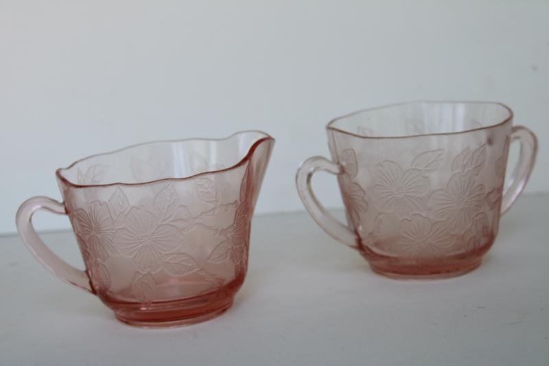 photo of Dogwood pattern pink depression glass cream pitcher & sugar bowl vintage Macbeth Evans #8