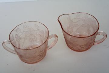 catalog photo of Dogwood pattern pink depression glass cream pitcher & sugar bowl vintage Macbeth Evans