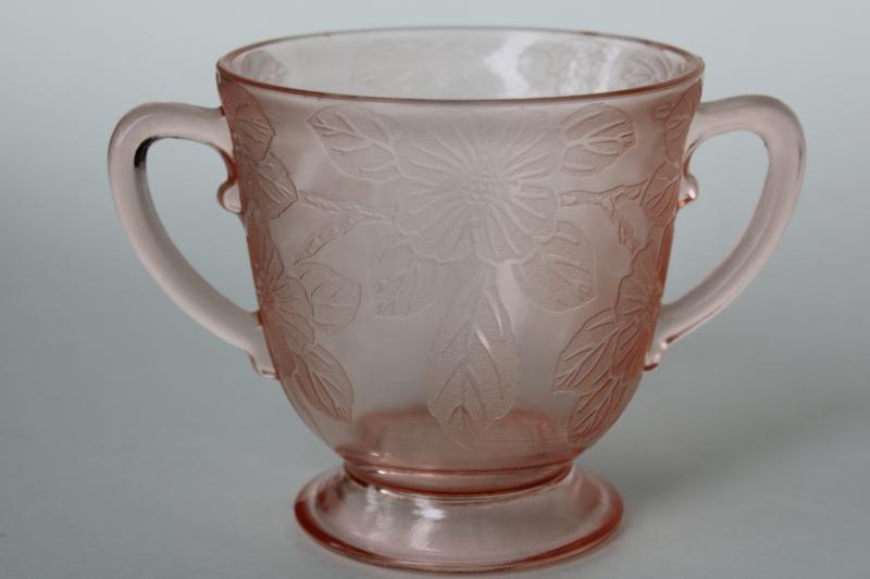 photo of Dogwood pattern pink depression glass cream pitcher & sugar bowl vintage Macbeth Evans #3