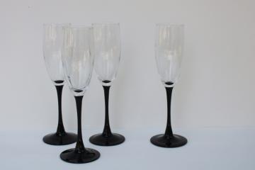 catalog photo of Domino black stem tall champagne flutes, vintage Cristal d'Arques French crystal glasses