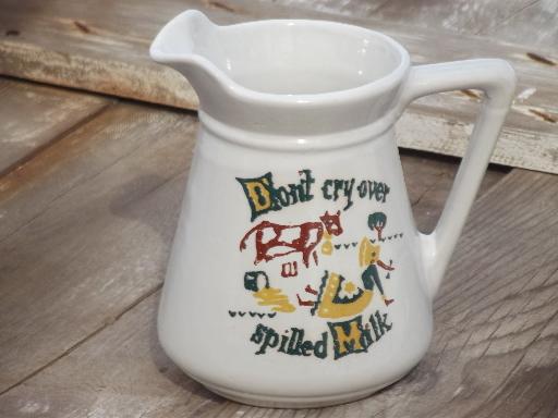 photo of Don't Cry Over Spilled Milk pitcher, vintage Monmouth pottery #1