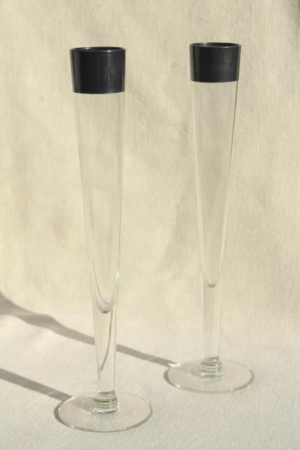 photo of Dorothy Thorpe wide silver band glassware, pair tall skinny champagne flute bud vases #1