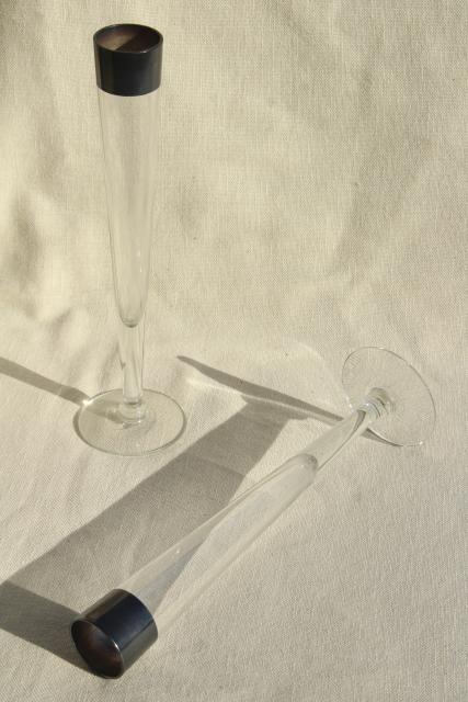 photo of Dorothy Thorpe wide silver band glassware, pair tall skinny champagne flute bud vases #3