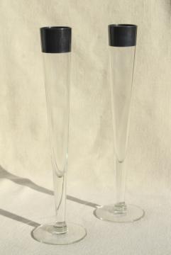 catalog photo of Dorothy Thorpe wide silver band glassware, pair tall skinny champagne flute bud vases