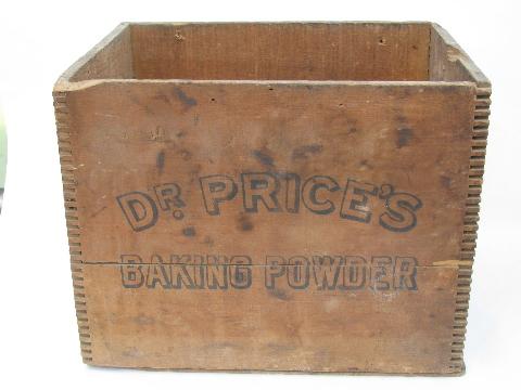 photo of Dr. Price's Baking Powder vintage wood advertising crate, old primitive finger-jointed box #1