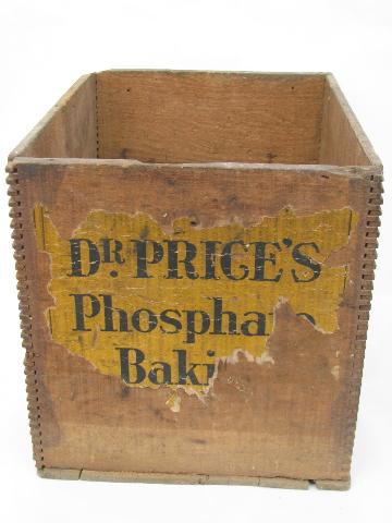 photo of Dr. Price's Baking Powder vintage wood advertising crate, old primitive finger-jointed box #2