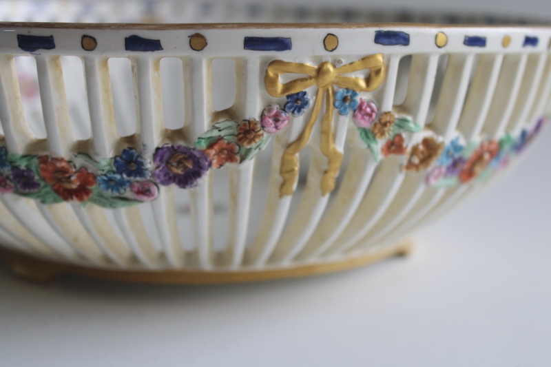 photo of Dresden style vintage German pierced china bowl, hand painted floral garland swags bows  #3