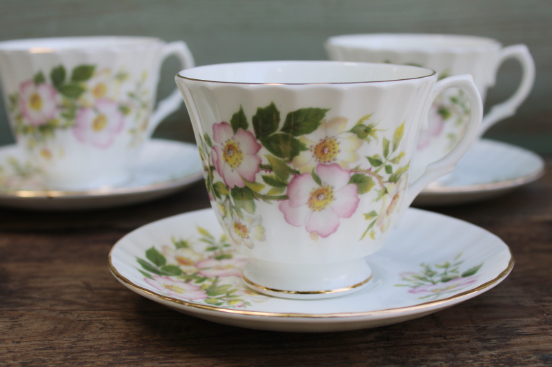 photo of Duchess England bone china vintage set 6 tea cups & saucers, pink wild roses dog rose pattern  #2