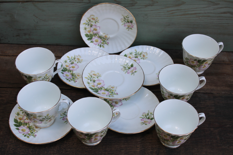 photo of Duchess England bone china vintage set 6 tea cups & saucers, pink wild roses dog rose pattern  #5
