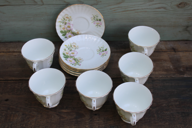photo of Duchess England bone china vintage set 6 tea cups & saucers, pink wild roses dog rose pattern  #8