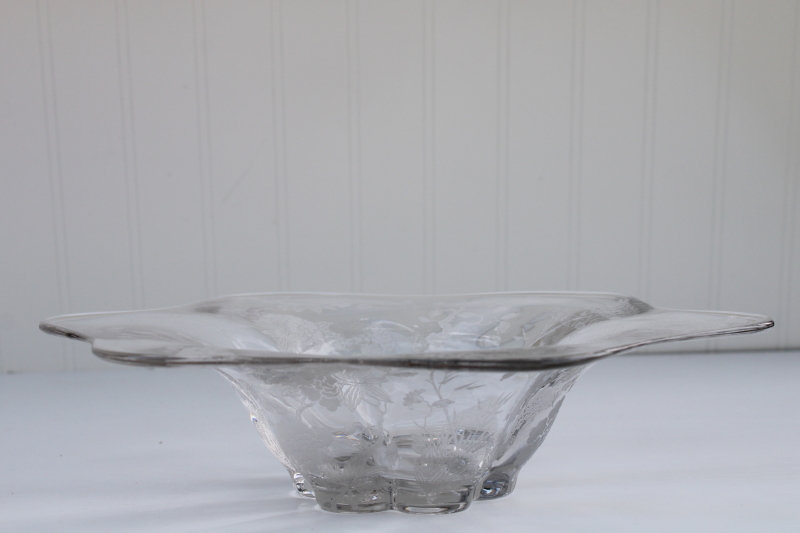 photo of Duncan Miller Canterbury Indian Tree etched glass console bowl, mid century vintage elegant glass centerpiece #1