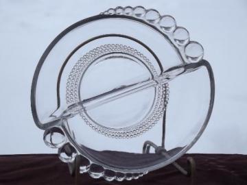 catalog photo of Duncan & Miller teardrop glass relish dish, bead edge divided bowl