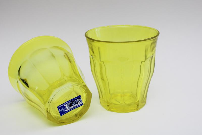 photo of Duralex Picardie yellow French glass bistro tumblers w/ original labels #1