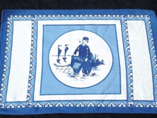 photo of Dutch boy and girl vintage printed blue & white linen placemats and napkins #2