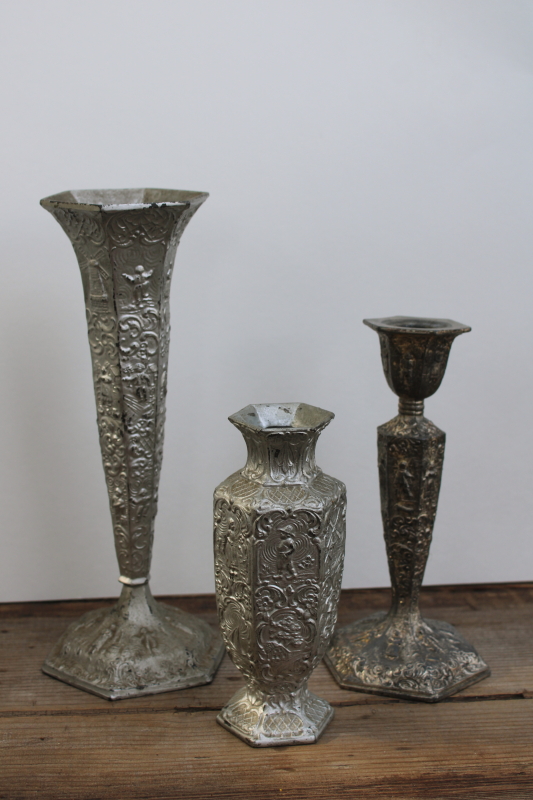 photo of Dutch silver plate lot, antique cast metal decorative vases & candle holder w/ Holland scenes & people  #1