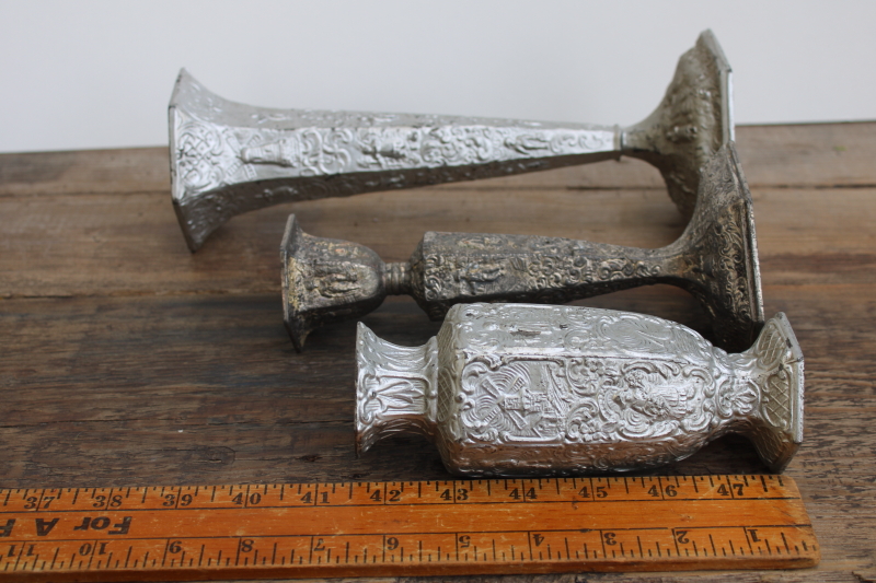 photo of Dutch silver plate lot, antique cast metal decorative vases & candle holder w/ Holland scenes & people  #3