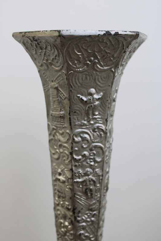 photo of Dutch silver plate lot, antique cast metal decorative vases & candle holder w/ Holland scenes & people  #4