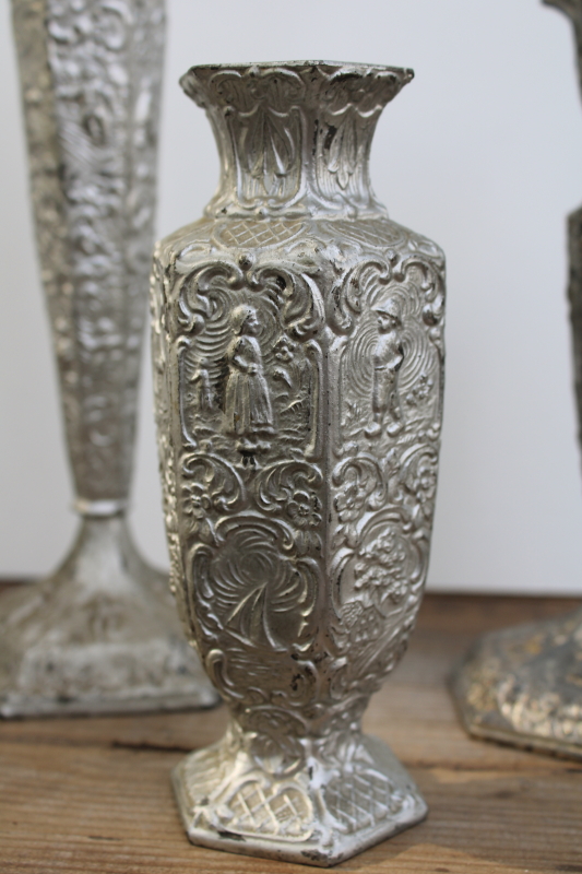 photo of Dutch silver plate lot, antique cast metal decorative vases & candle holder w/ Holland scenes & people  #5