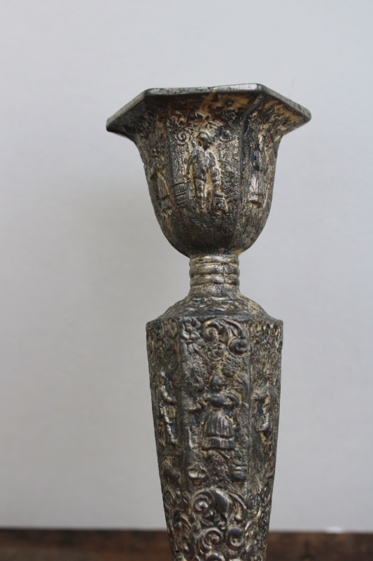 photo of Dutch silver plate lot, antique cast metal decorative vases & candle holder w/ Holland scenes & people  #6