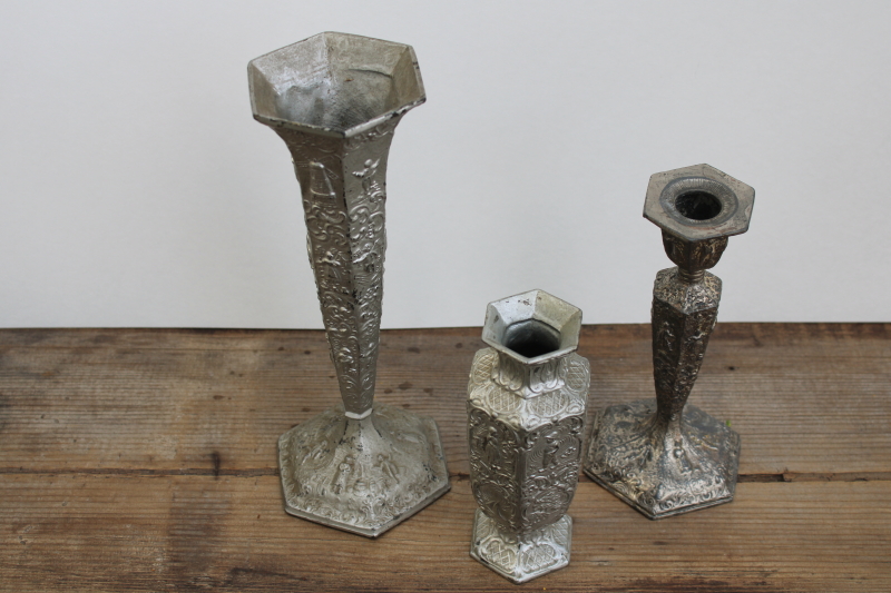 photo of Dutch silver plate lot, antique cast metal decorative vases & candle holder w/ Holland scenes & people  #7