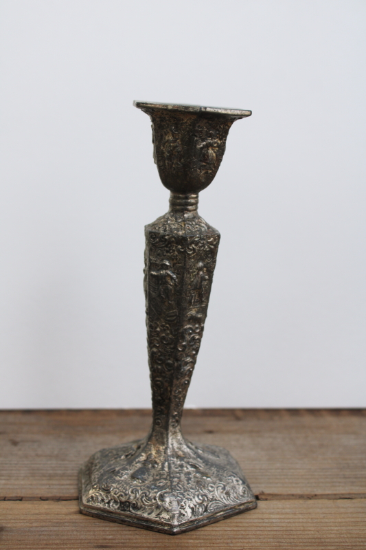 photo of Dutch silver plate lot, antique cast metal decorative vases & candle holder w/ Holland scenes & people  #8