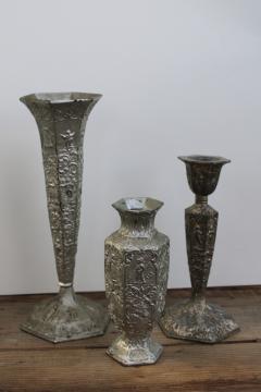 catalog photo of Dutch silver plate lot, antique cast metal decorative vases & candle holder w/ Holland scenes & people 