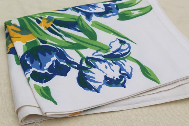 photo of Dutch tulips print vintage cotton tablecloth, Swedish country blue & yellow #1