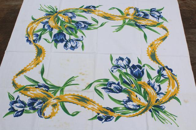 photo of Dutch tulips print vintage cotton tablecloth, Swedish country blue & yellow #2