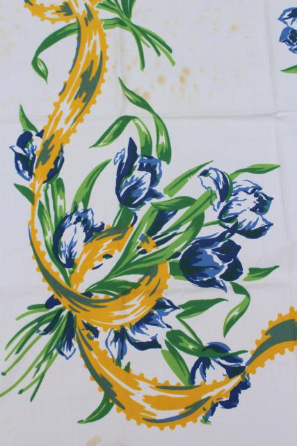 photo of Dutch tulips print vintage cotton tablecloth, Swedish country blue & yellow #3