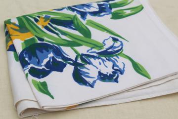 catalog photo of Dutch tulips print vintage cotton tablecloth, Swedish country blue & yellow