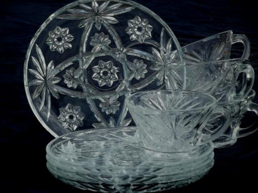 photo of EAPC star pattern snack sets w/ small round plates, vintage prescut glass #6